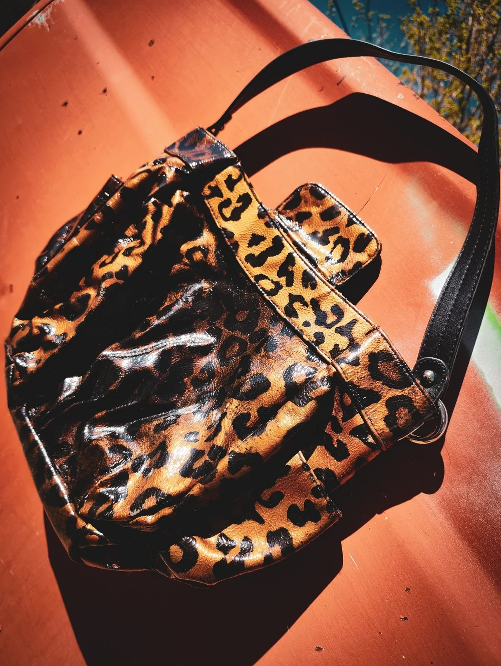 MICHE Lisa Leopard Print Shell Handbag Faux Patent Multi Pocket Tote Purse